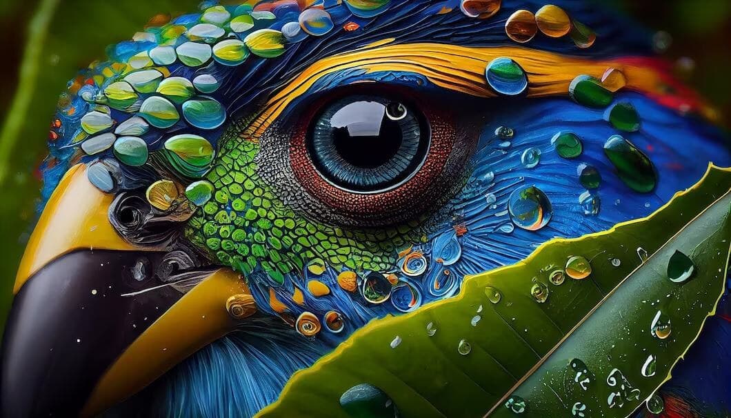 A macaw rendered by Ether, its feathers beaded with water.